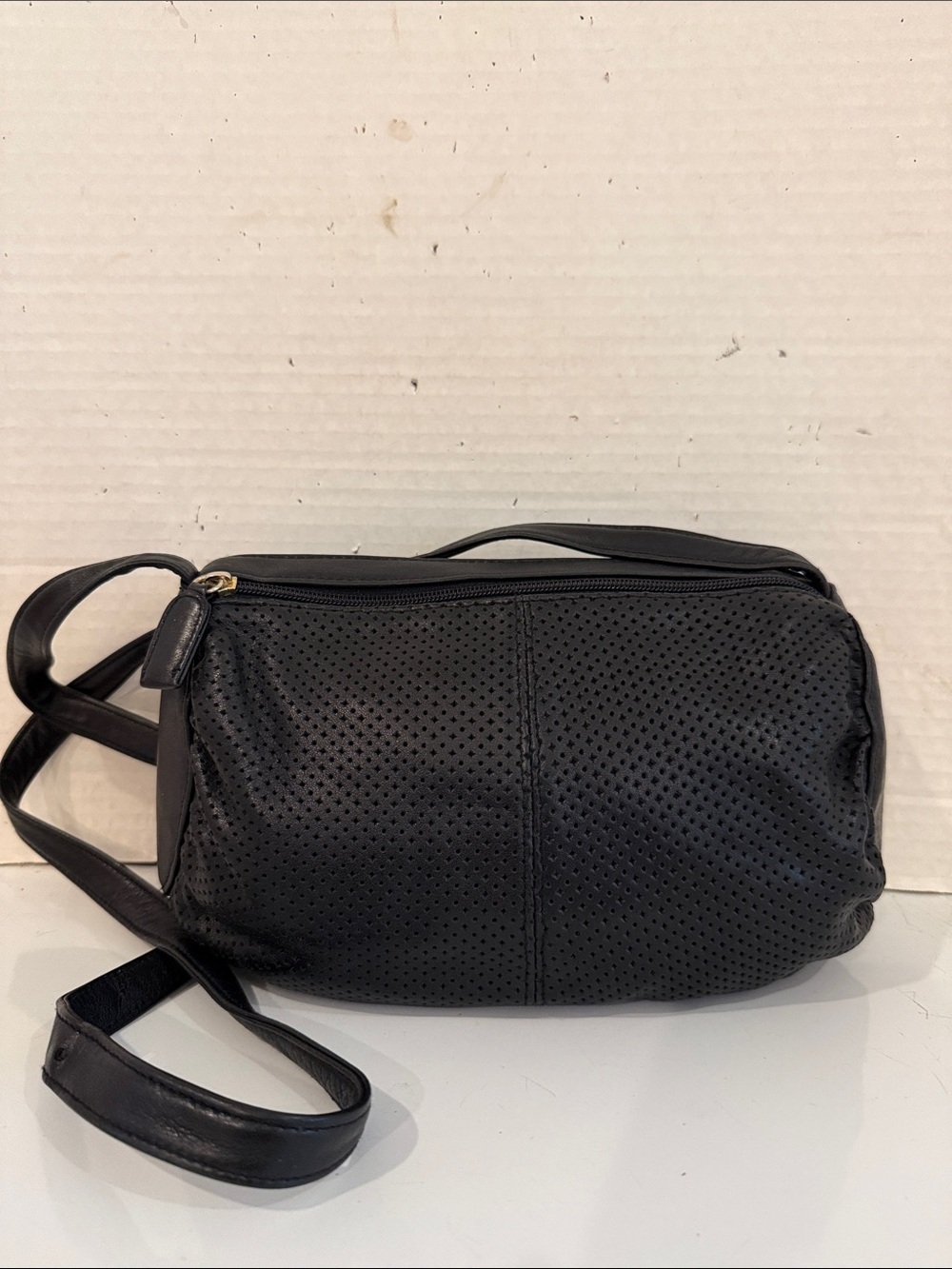 Tignanello Black Perforated Leather Crossbody Bag with Leather Lining